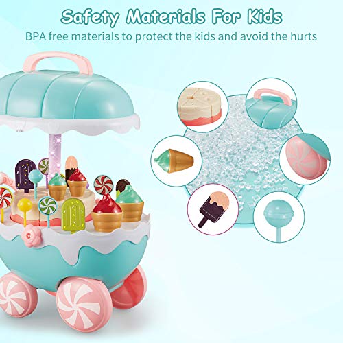 INFANT MOMENT Eiswagen 32PCS Play Food, Kinder Trolley Spielzeug, Kleinkindspielzeug für Rollenspiele, Montageeis Rollenspiel Spielset Spielhausspielzeug für Kinder über 3 Jahre (Grün) - 3