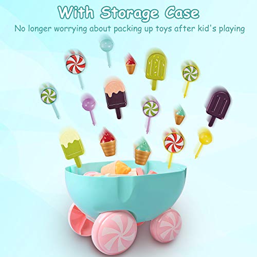 INFANT MOMENT Eiswagen 32PCS Play Food, Kinder Trolley Spielzeug, Kleinkindspielzeug für Rollenspiele, Montageeis Rollenspiel Spielset Spielhausspielzeug für Kinder über 3 Jahre (Grün) - 4