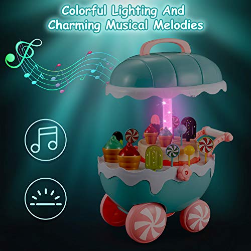 INFANT MOMENT Eiswagen 32PCS Play Food, Kinder Trolley Spielzeug, Kleinkindspielzeug für Rollenspiele, Montageeis Rollenspiel Spielset Spielhausspielzeug für Kinder über 3 Jahre (Grün) - 5