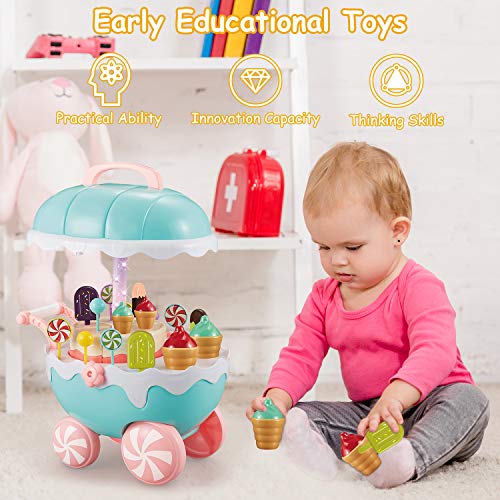 INFANT MOMENT Eiswagen 32PCS Play Food, Kinder Trolley Spielzeug, Kleinkindspielzeug für Rollenspiele, Montageeis Rollenspiel Spielset Spielhausspielzeug für Kinder über 3 Jahre (Grün) - 6