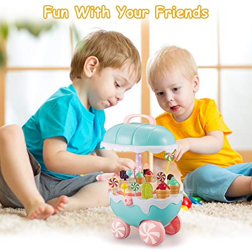 INFANT MOMENT Eiswagen 32PCS Play Food, Kinder Trolley Spielzeug, Kleinkindspielzeug für Rollenspiele, Montageeis Rollenspiel Spielset Spielhausspielzeug für Kinder über 3 Jahre (Grün) - 7
