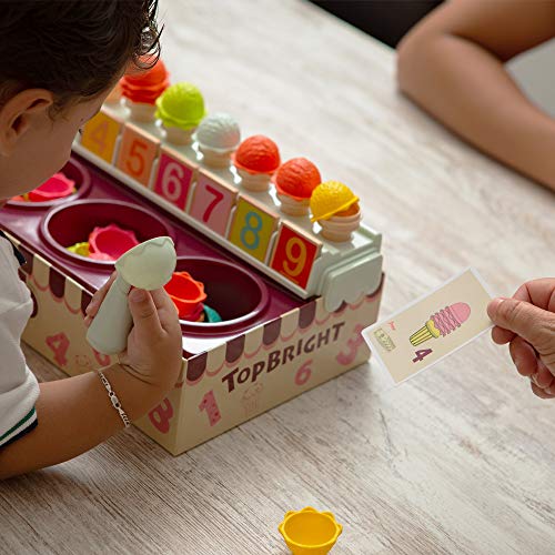 TOP BRIGHT Eisverkauf Spiele-Set - Mathe- und Logik-Spiel - Eisportionier-Spielset für Kleinkinder - Pädagogisches Rollenspiel für kleine Kinder - Eistüte mit Mathe-Karten - Kognitive Entwicklung - 7
