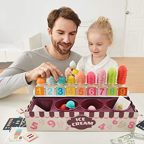 TOP BRIGHT Eisverkauf Spiele-Set - Mathe- und Logik-Spiel - Eisportionier-Spielset für Kleinkinder - Pädagogisches Rollenspiel für kleine Kinder - Eistüte mit Mathe-Karten - Kognitive Entwicklung - 9