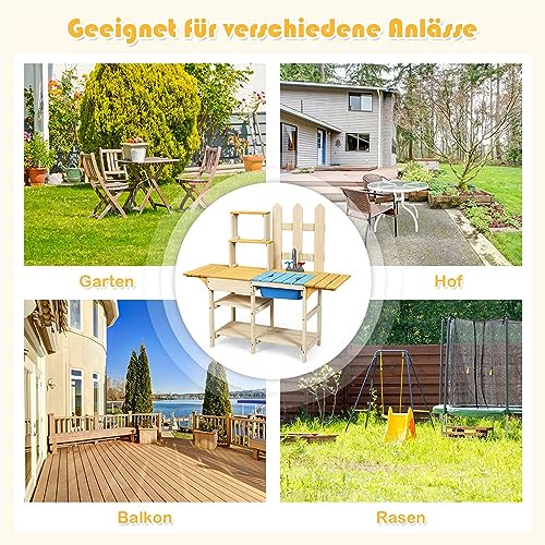 COSTWAY Matschküche mit Wasserhahn, Kinderküche, Outdoor Küche, Holzküche, Spielküche