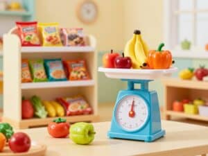 Mehr über den Artikel erfahren Einkaufen im Supermarkt spielen mit Spielwaage und Lebensmittelsets