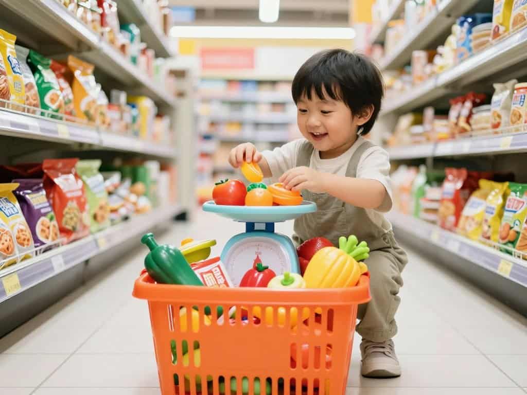 Einkaufskorb Kinder mit Spielwaage und Lebensmitteln Einkaufskorb Kinder mit Spielwaage und Lebensmitteln