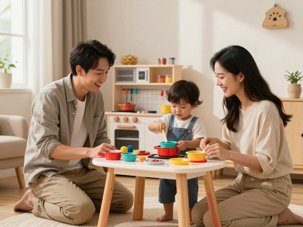 Eltern spielen mit Kind in der Kinderspielküche und fördern motorische Fähigkeiten Eltern spielen mit Kind in der Kinderspielküche und fördern motorische Fähigkeiten