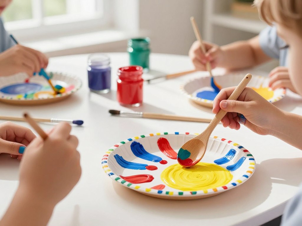 Holzgeschirr dekorieren mit Fingerfarben für Kinder Holzgeschirr dekorieren mit Fingerfarben für Kinder