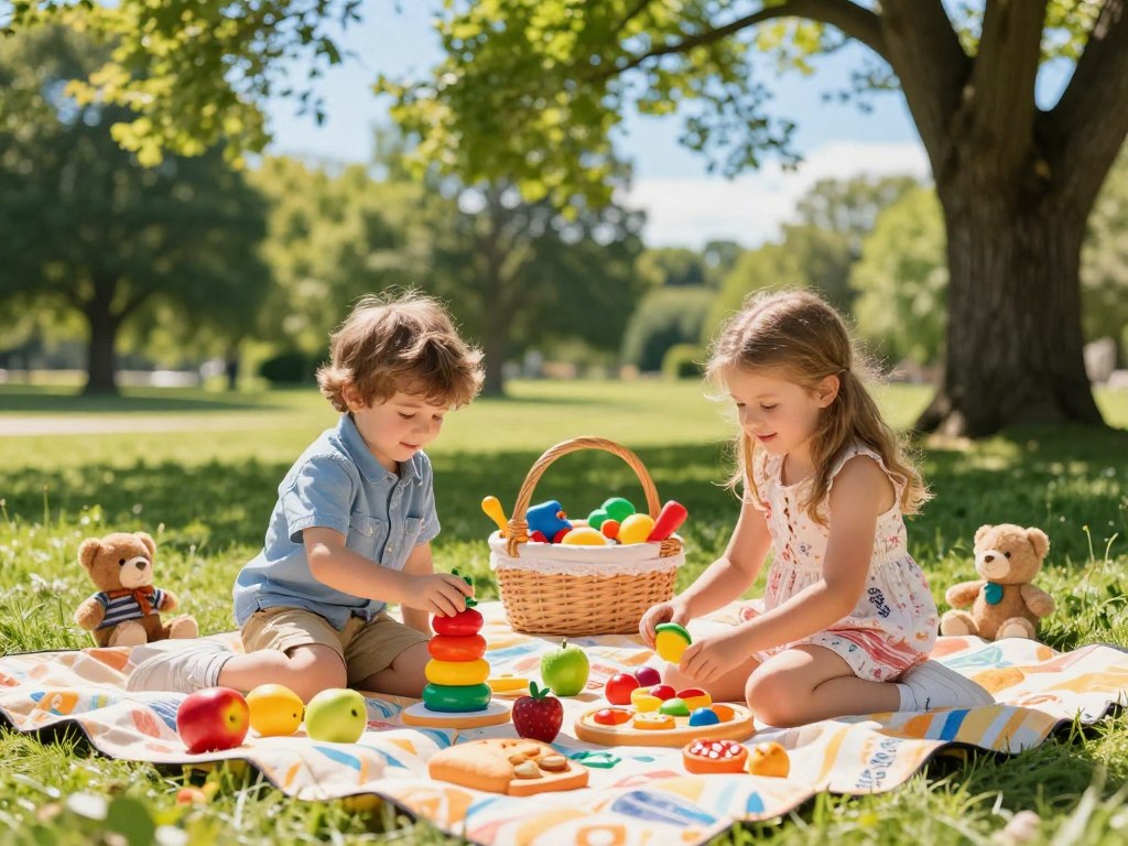 Kinder spielen mit Lernspielzeug beim Picknick Kinder spielen mit Lernspielzeug beim Picknick