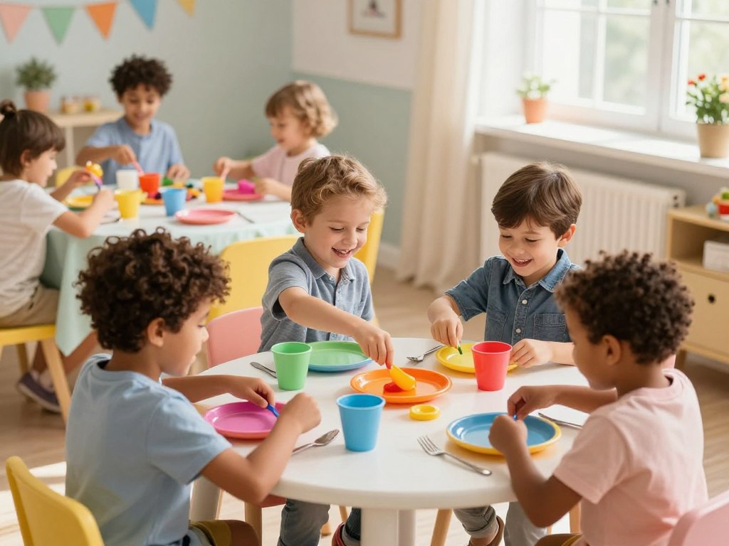 Kinder trainieren Feinmotorik beim Tisch decken spielen Kinder trainieren Feinmotorik beim Tisch decken spielen