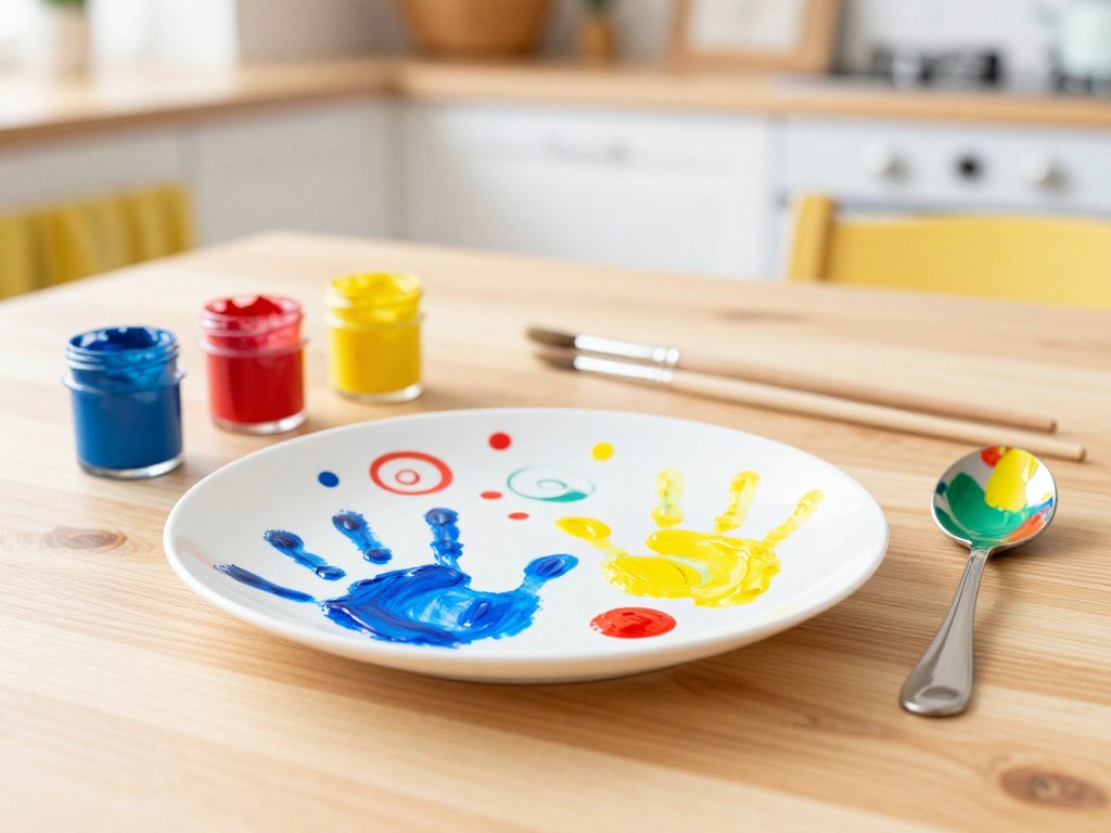 Löffel und Teller mit Fingerfarben für Spielküche dekorieren Löffel und Teller mit Fingerfarben für Spielküche dekorieren