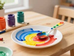 Mehr über den Artikel erfahren Löffel und Teller mit Fingerfarben für Spielküche dekorieren