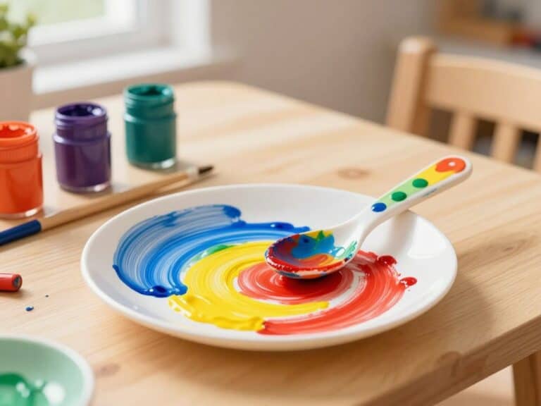 Mehr über den Artikel erfahren Löffel und Teller mit Fingerfarben für Spielküche dekorieren