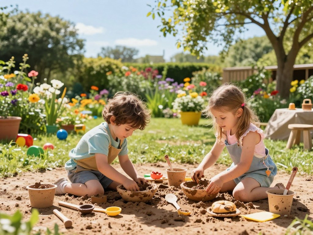 Rollenspiele Kinder im Garten mit Matschküche Rollenspiele Kinder im Garten mit Matschküche