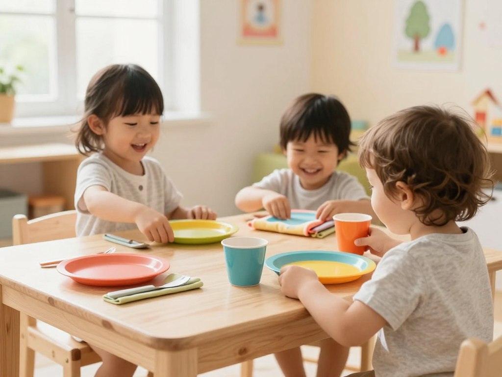 Sicheres Spielzeug für Kinder beim Tischdecken spielen Sicheres Spielzeug für Kinder beim Tischdecken spielen